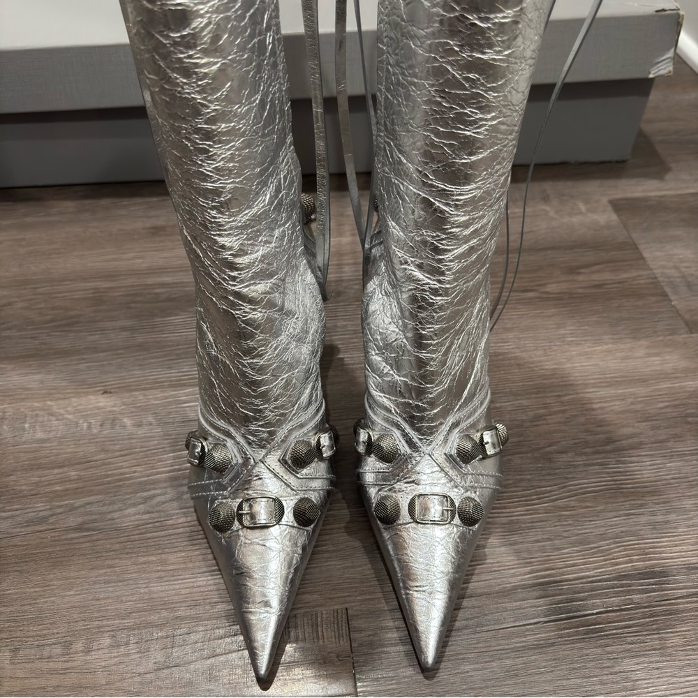 Balenciaga Cagole 90mm Metallic Arena Silver Heeled Tall Boots - Picture 5 of 16